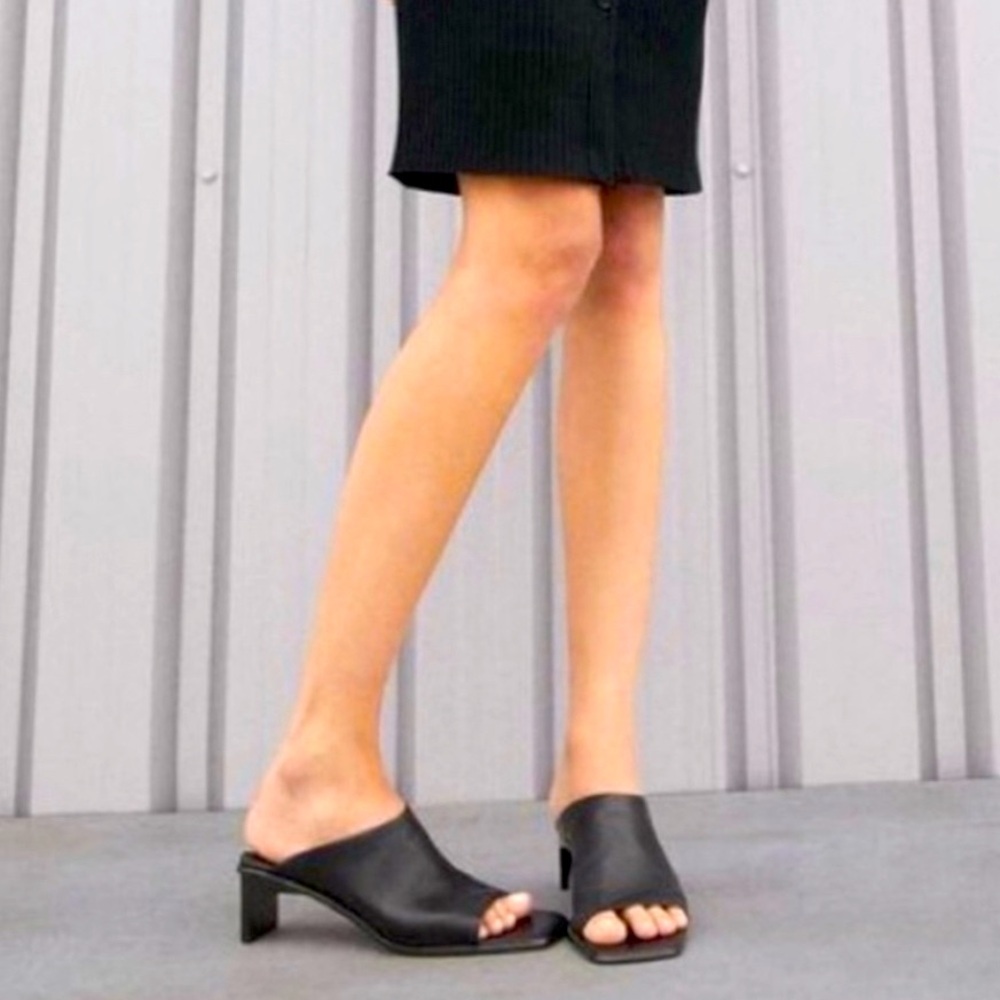 New Zara Minimalist Heeled Leather Mules Size 6 Black